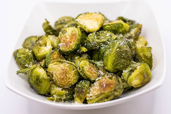 A photograph of the garlic Parmesan roasted Brussels sprouts recipe.