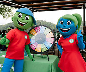 Children's Healthcare of Atlanta's Hope and Will mascots in front of healthy habits wheel at event