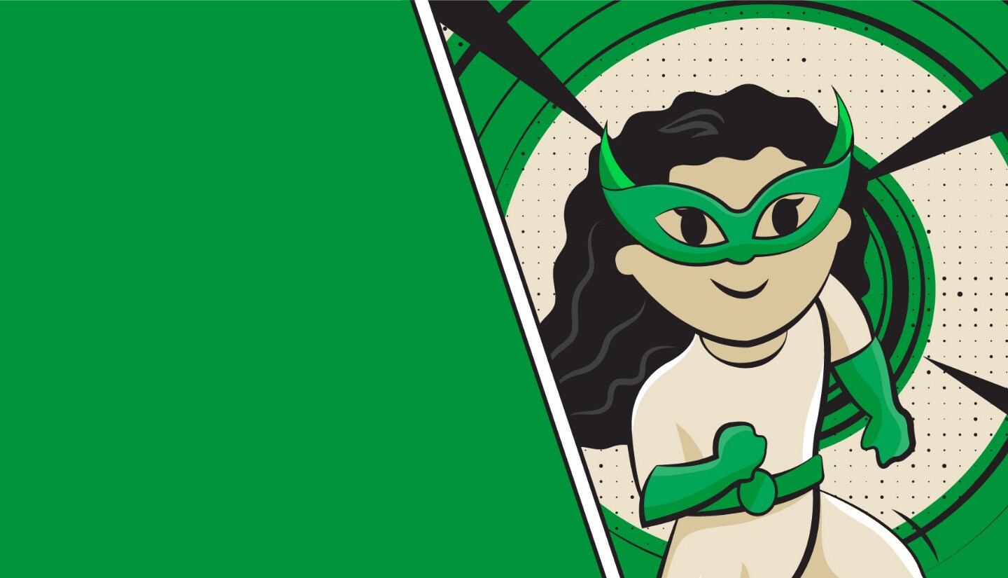 Green superhero girl illustration running through the screen