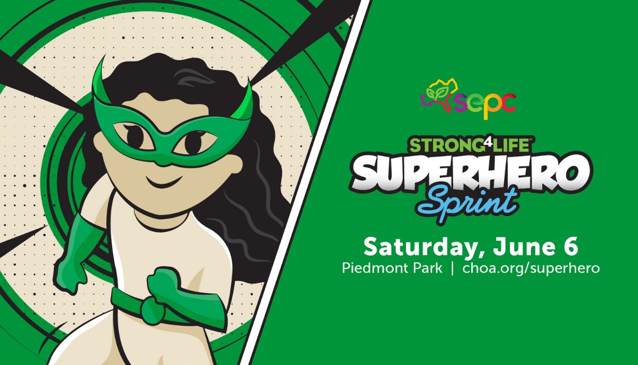 Green superhero girl illustration running through the screen