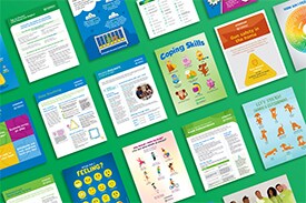 Preview of various free resources from Strong4Life, including coping and feelings charts, safe firearm storage, videos and more