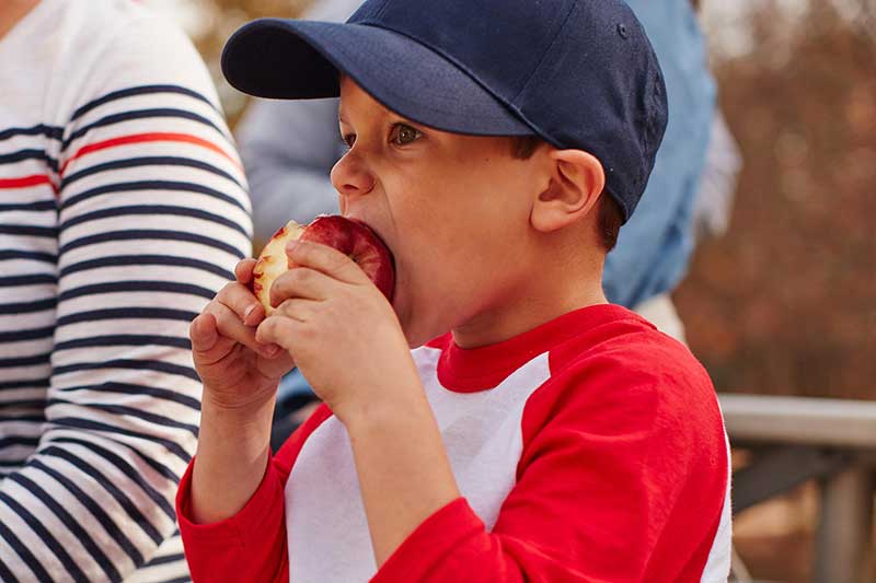 boy eating an apple at a baseball game