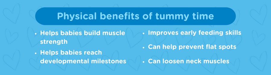 Graphic shows the physical benefits of tummy time or how tummy time helps babies’ physical development 