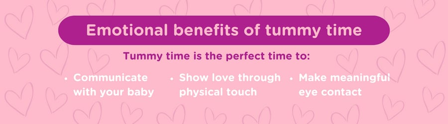 Graphic shows the emotional benefits of tummy time or how you can use tummy time for bonding with baby