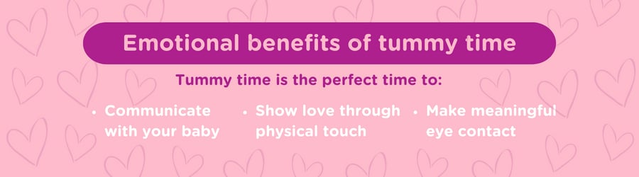 Graphic shows the emotional benefits of tummy time or how you can use tummy time for bonding with baby 