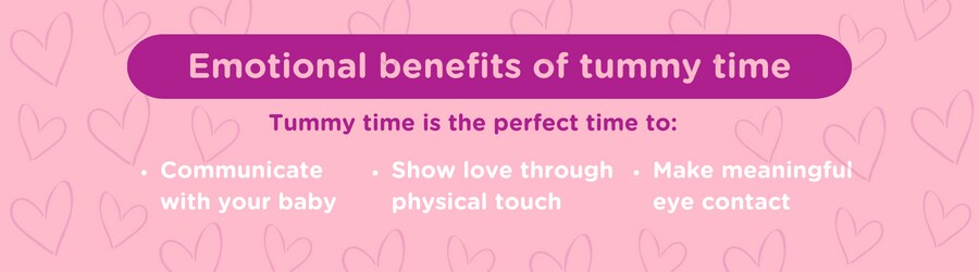 Graphic shows the emotional benefits of tummy time or how you can use tummy time for bonding with baby