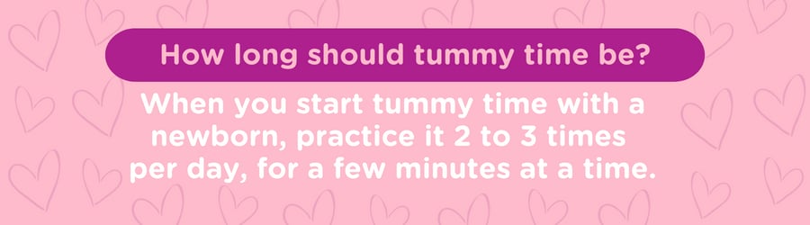 Graphic answers, “How long should tummy time be?” with a few minutes, 2 to 3 times per day.