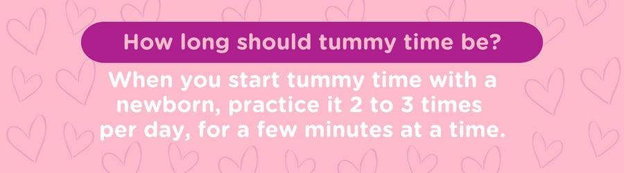 Graphic answers, “How long should tummy time be?” with a few minutes, 2 to 3 times per day.