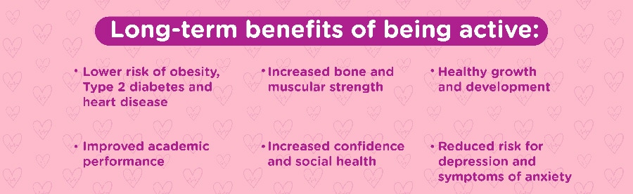Graphic lists the learning, social and emotional benefits of physical activity for kids.