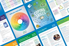 Image showing screen grabs of the various free, printable emotional wellness resources available