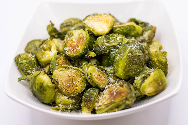 A photograph of the garlic Parmesan roasted Brussels sprouts recipe. 