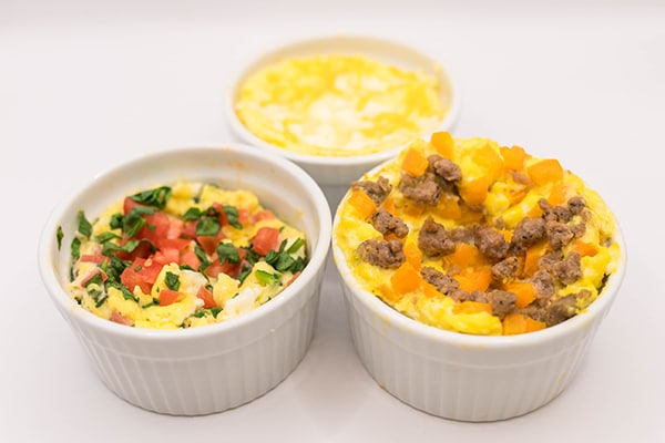 A photo of different microwave omelet combinations.