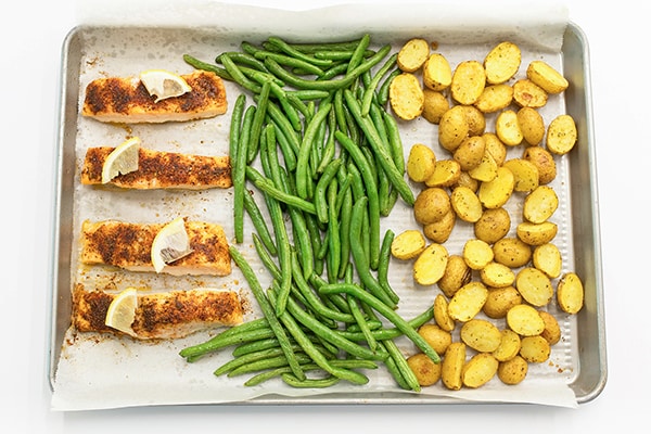 Photo of the roasted salmon and veggies with salmon spice rub sheet pan recipe