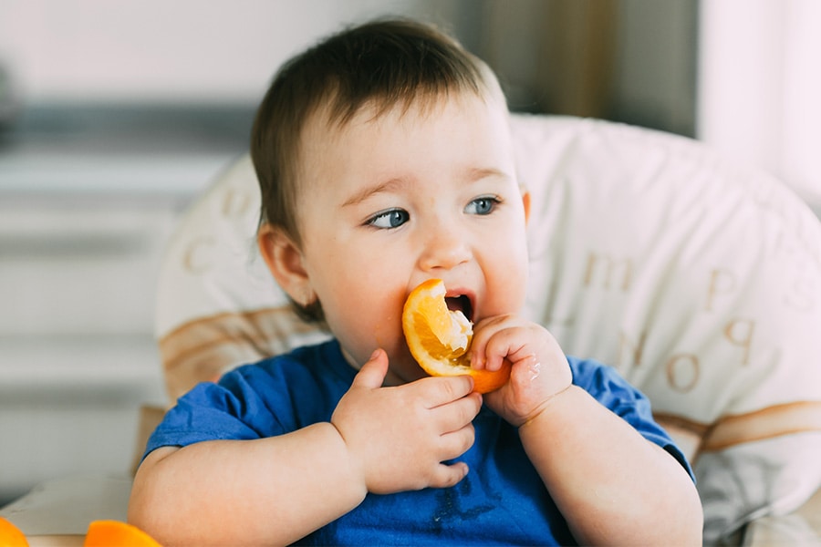 toddler girl eating orange slices in high chair