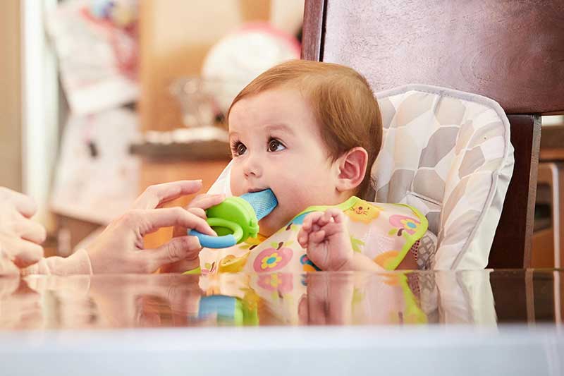 mom handing baby mesh feeder with frozen fruit