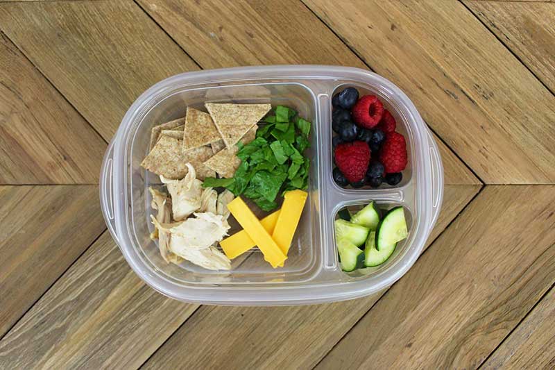 Deconstructed chicken wrap packed lunch for toddlers