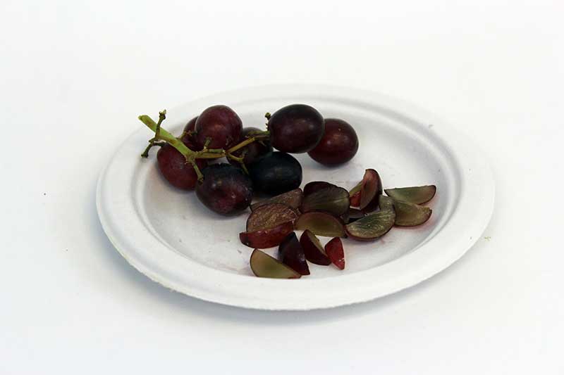 Un plato con uvas cortadas en trozitos pequeños