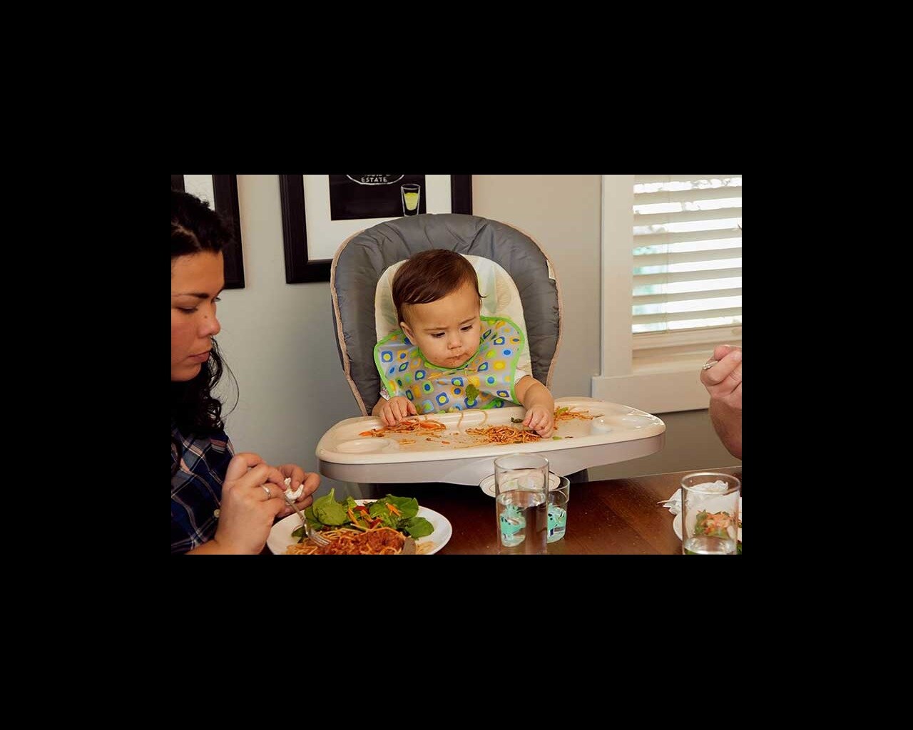 9 month old eating spaghetti