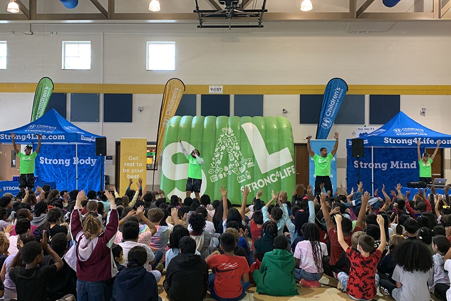 Strong4Life Challenge Team hosting a fall pep rally at an Atlanta area elementary school