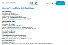 Screenshot of a list of all the Safe Kids Georgia coalitions 