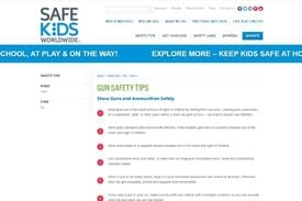 Screenshot of the Safe Kids Worldwide webpage with gun safety tips 