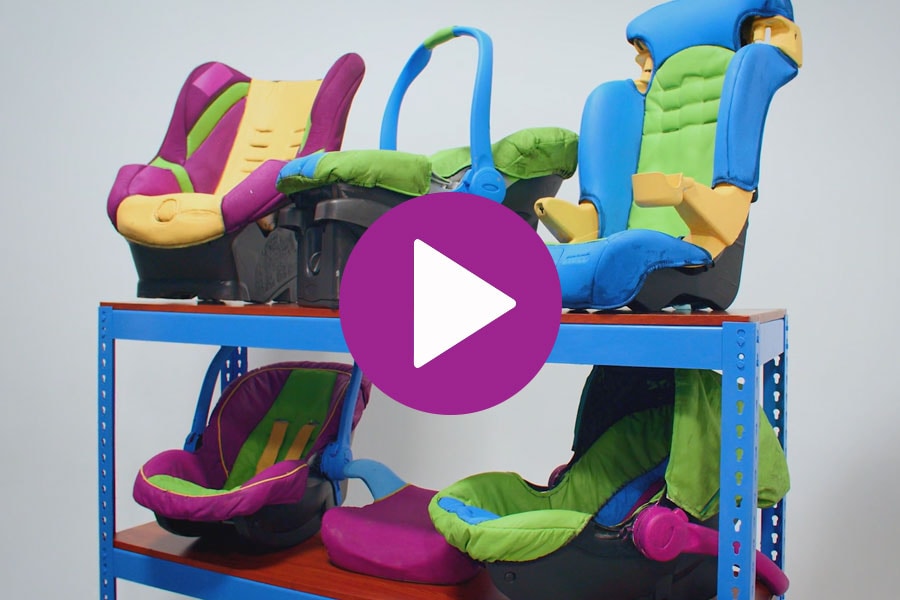 screen shot of a video featuring colorful car seats