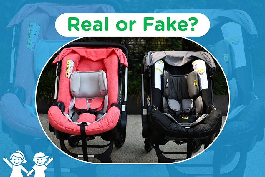 Side-by-side comparison of an authentic car seat and a counterfeit car seat 
