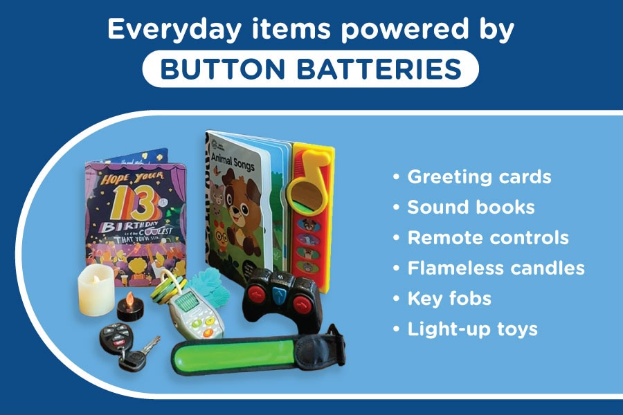 Everyday items that contain button batteries include musical greeting cards and electric key fobs.