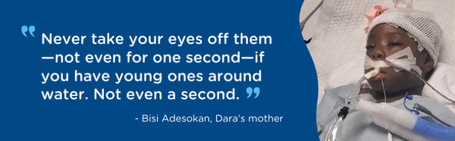 Image of child in hospital bed with quote from mom about always supervising your little ones around water.
